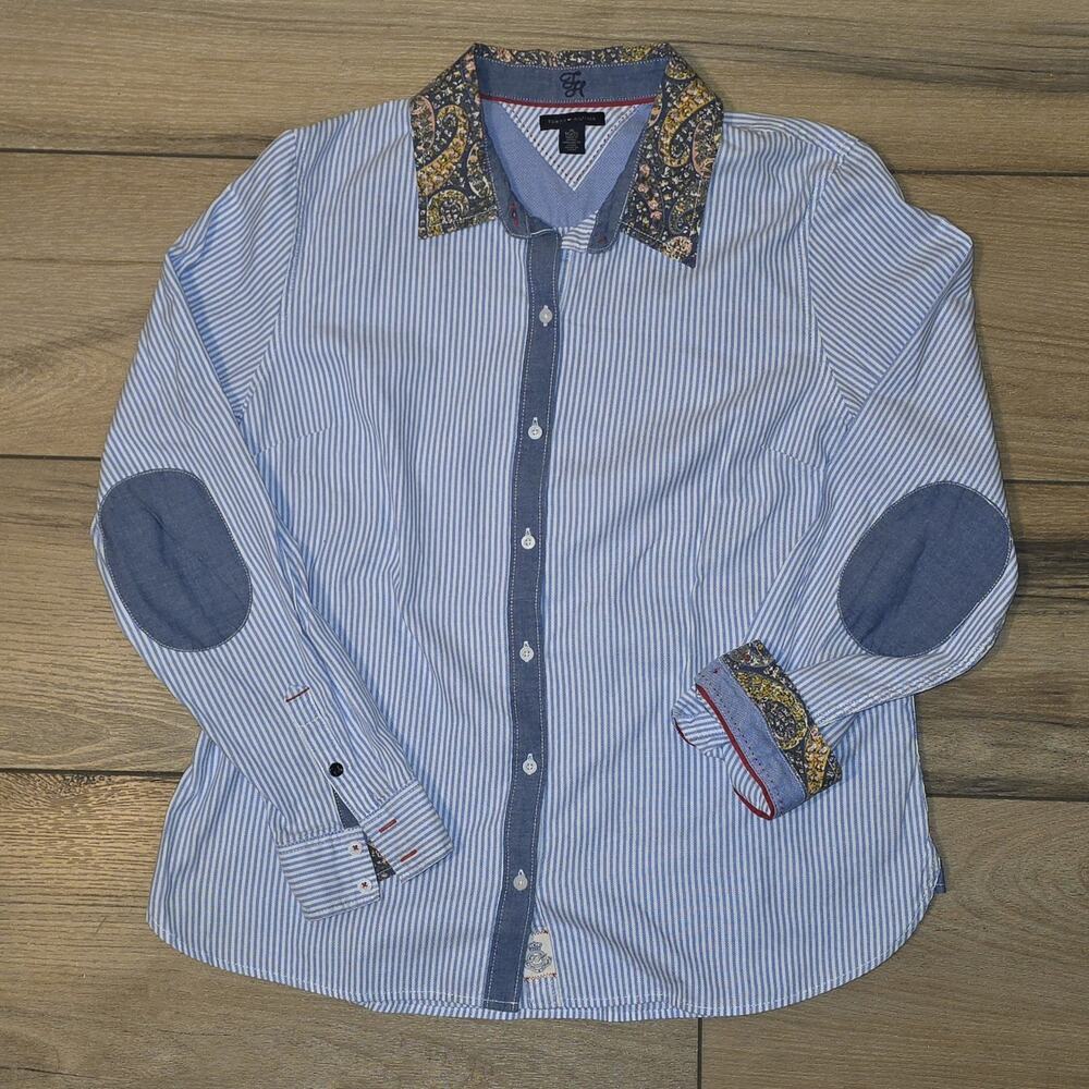 Tommy Hilfiger Men’s XL Striped Button Shirt Paisley Collar Cuffs Elbow Patch